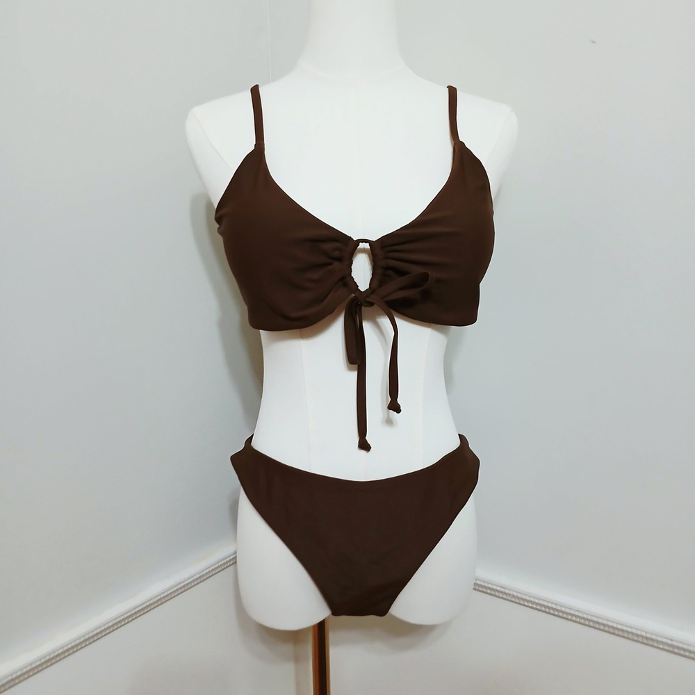Womens Chocolate Brown Front Tie Ring Detail Bikini Set Swimsuit Size L